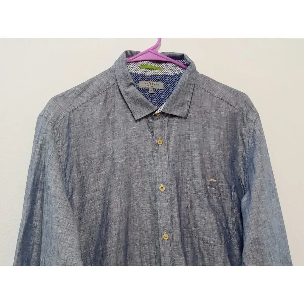 Ted Baker Men's Button Down Shirt Roll Tab Sleeves Linen Blue Size 6
